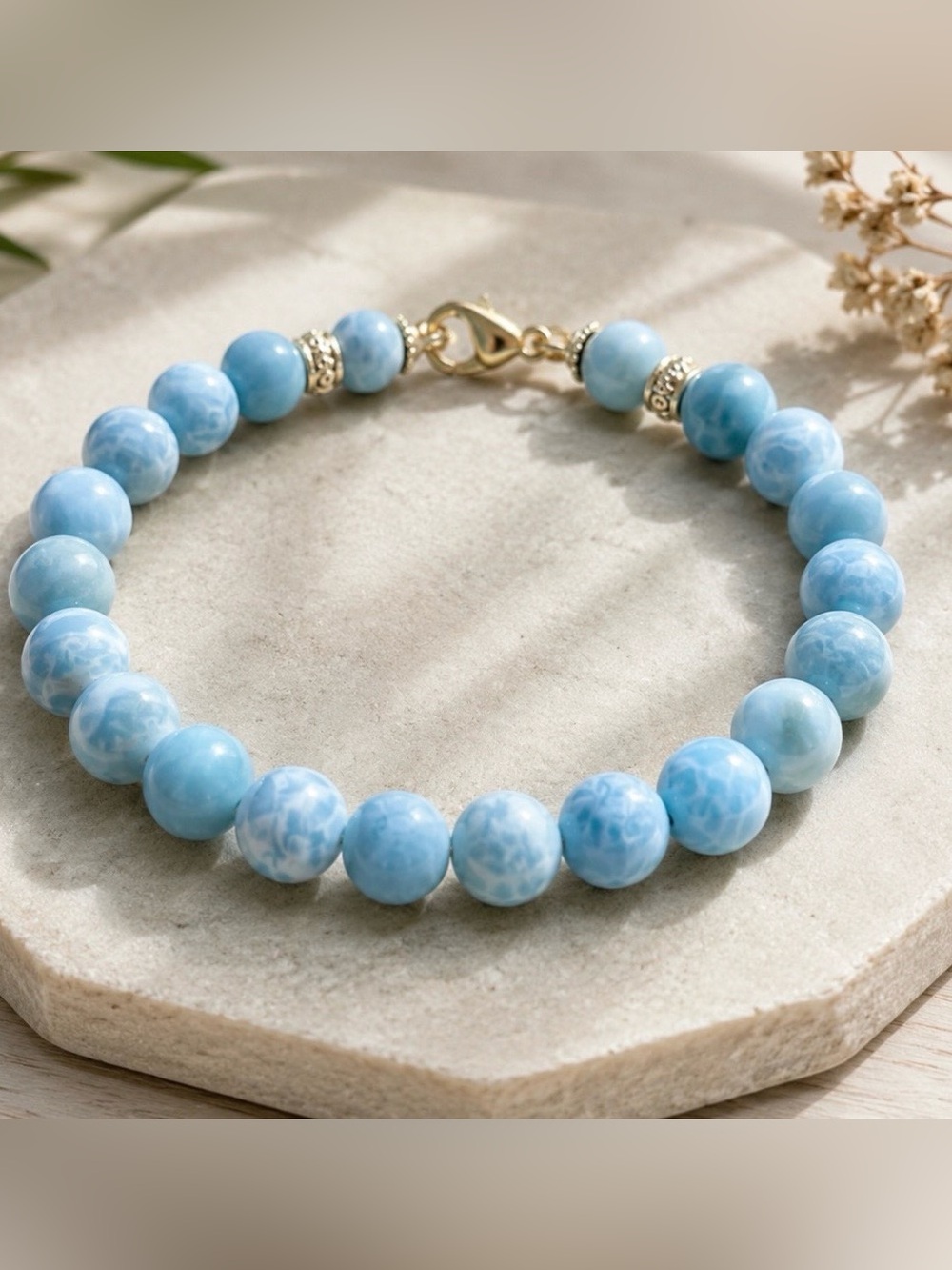 Genuine Larimar & Gold Toggle Bracelet  Artisan Coastal Jewelry
